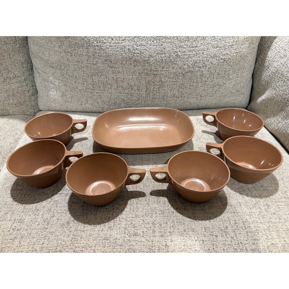 Texas Ware Dessert Set 6 Cups Serving Dish‎ Brown Mid Century Melamine Retro